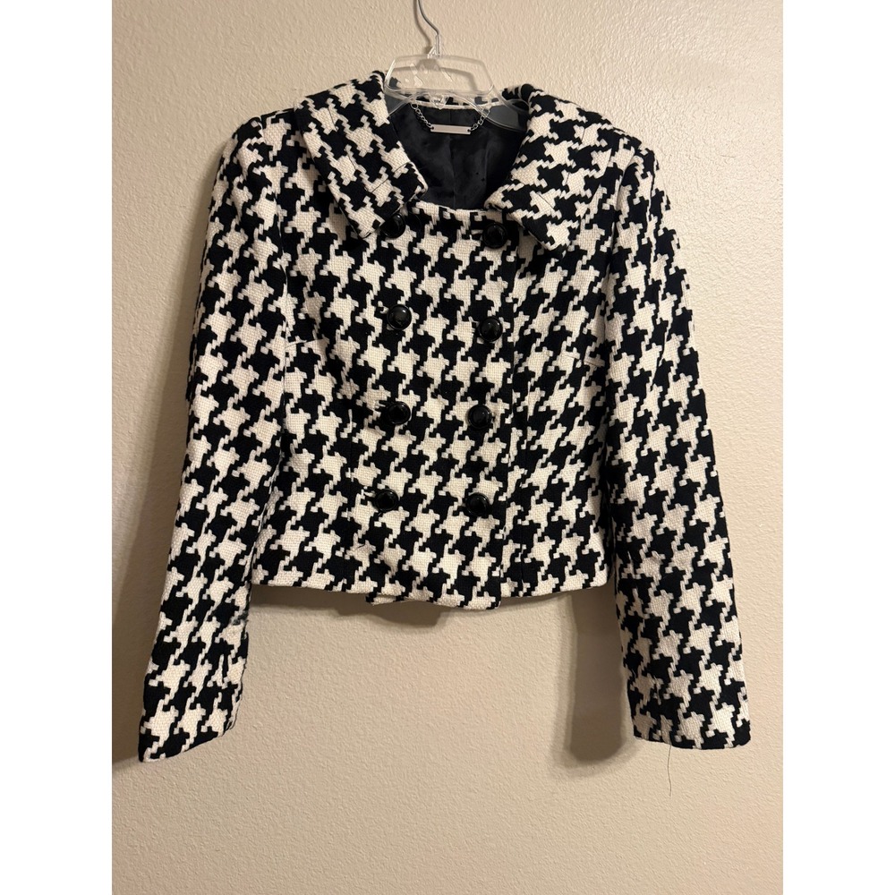 White House Black Market Houndstooth Blazer Black White Cropped Double Breasted